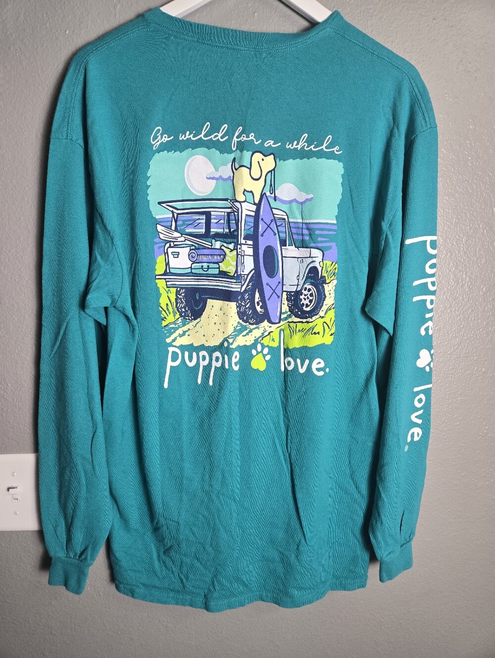 Puppie Love Teal Jeep Beach Long Sleeve 100% Cotton Size XL